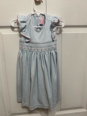 Light Blue Smocked Girls Dress with Pink Trim